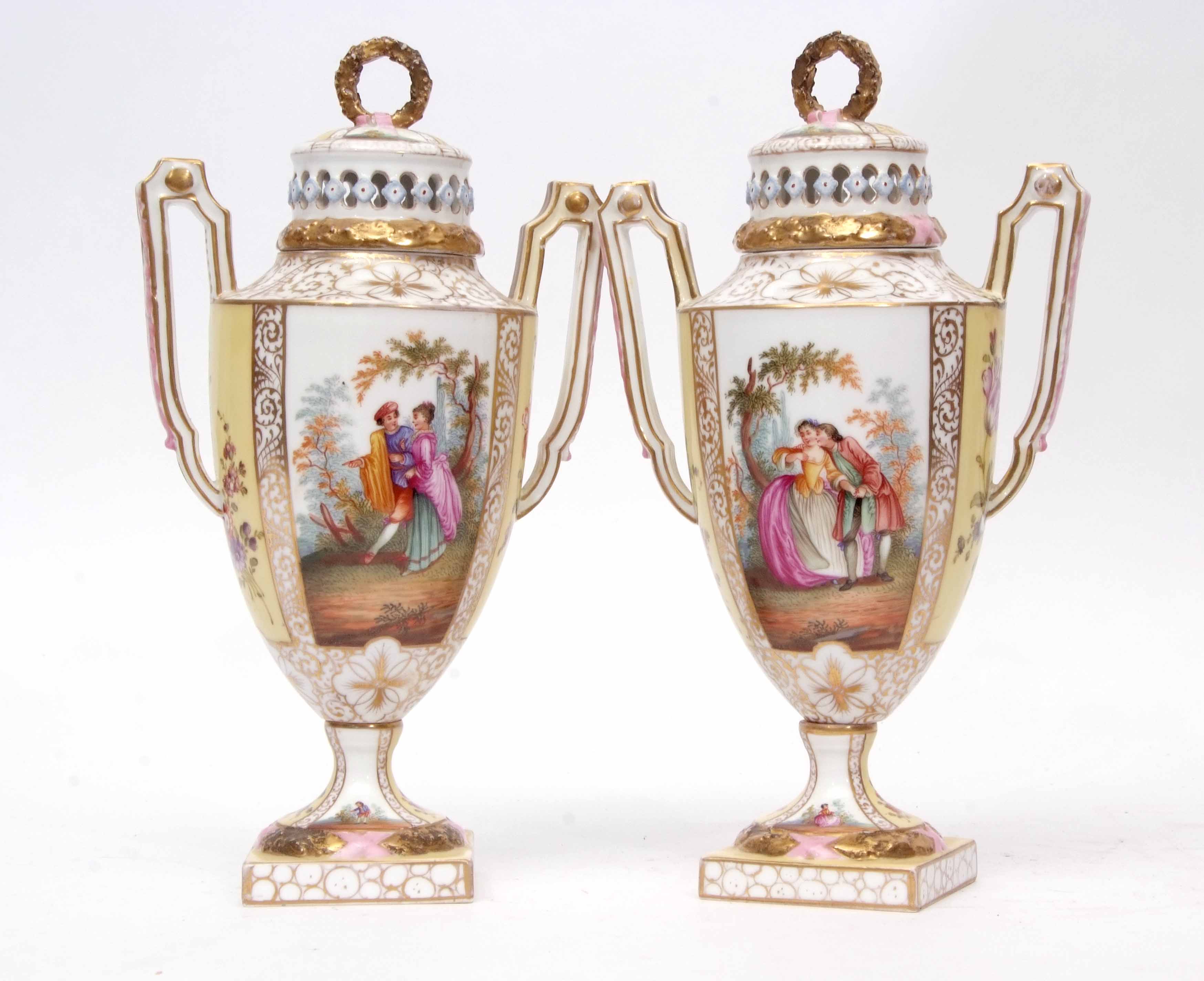 Pair of Continental porcelain vases decorated in Meissen style with figures in a landscape with - Image 2 of 6