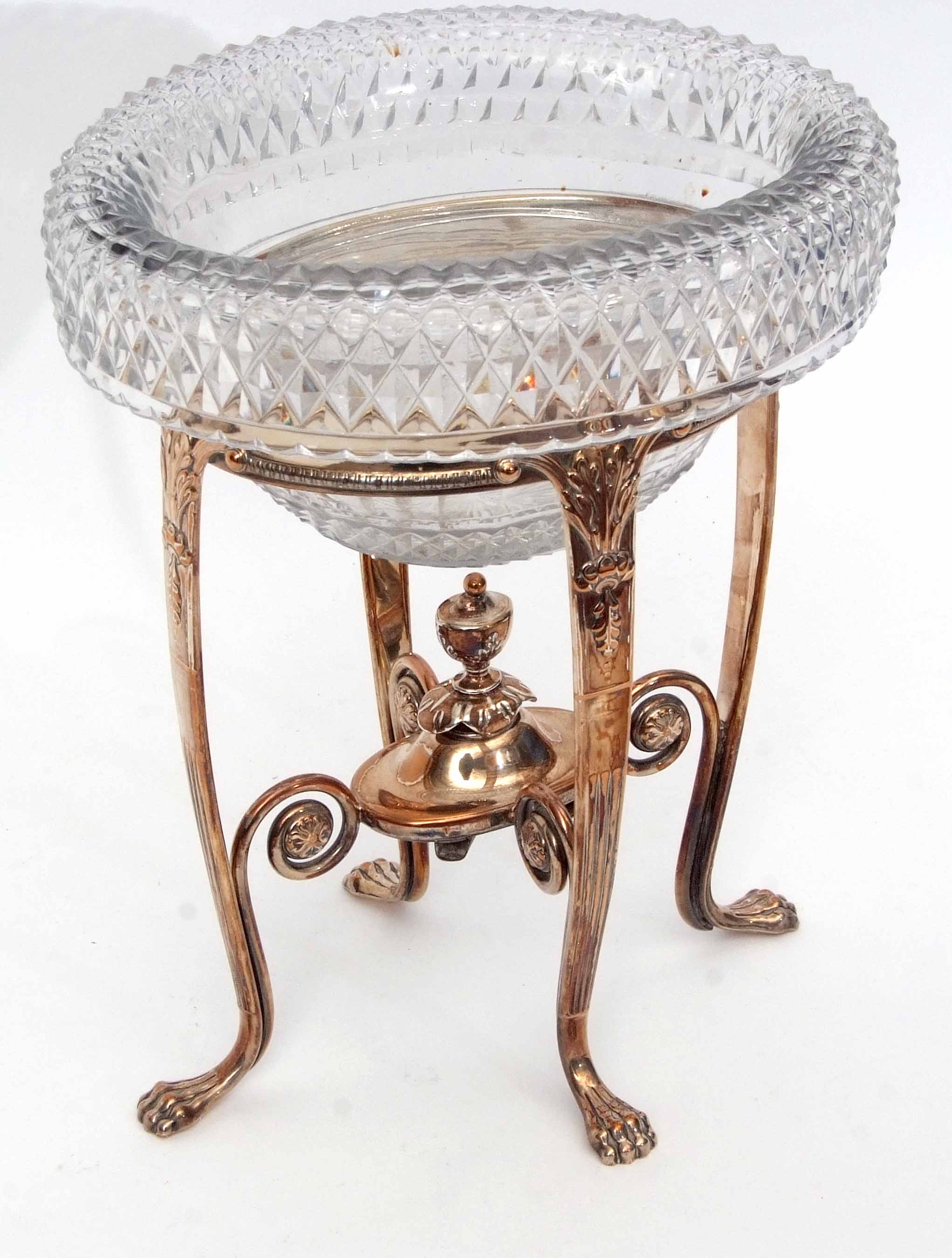 Mid-19th century silver on copper table centrepiece, the oval stand set with four paw legs united by - Image 2 of 2