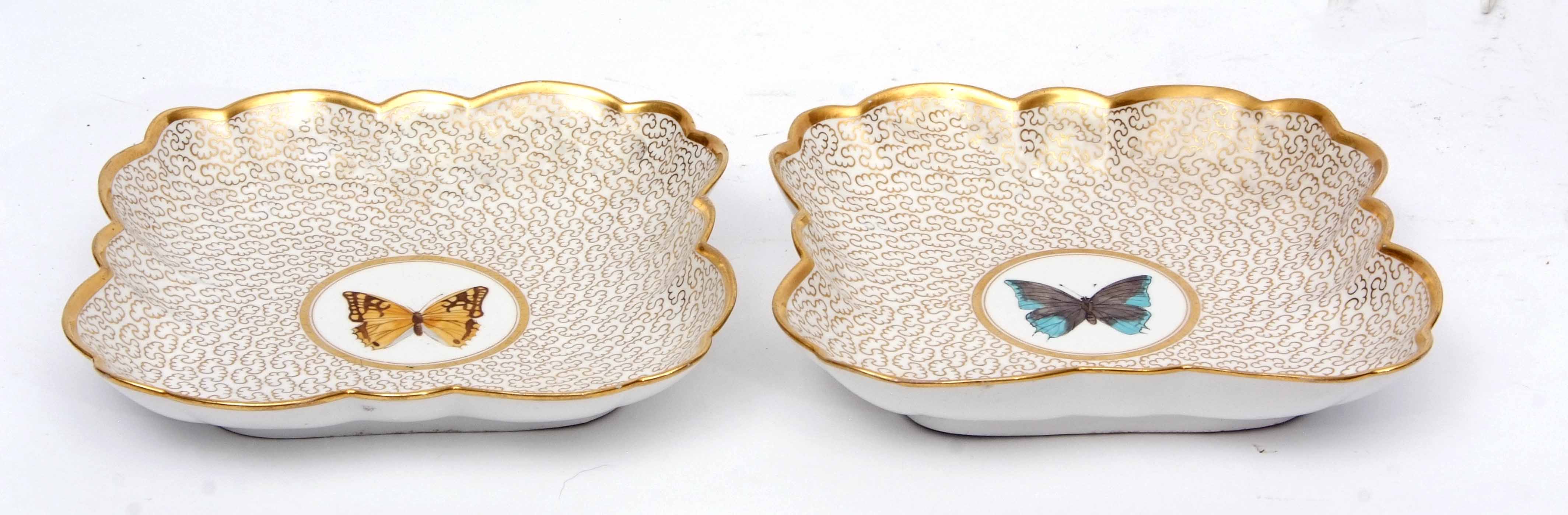 Pair of Worcester Barr Flight & Barr dishes with a gilt scrolling decoration, the centres finely - Image 2 of 3