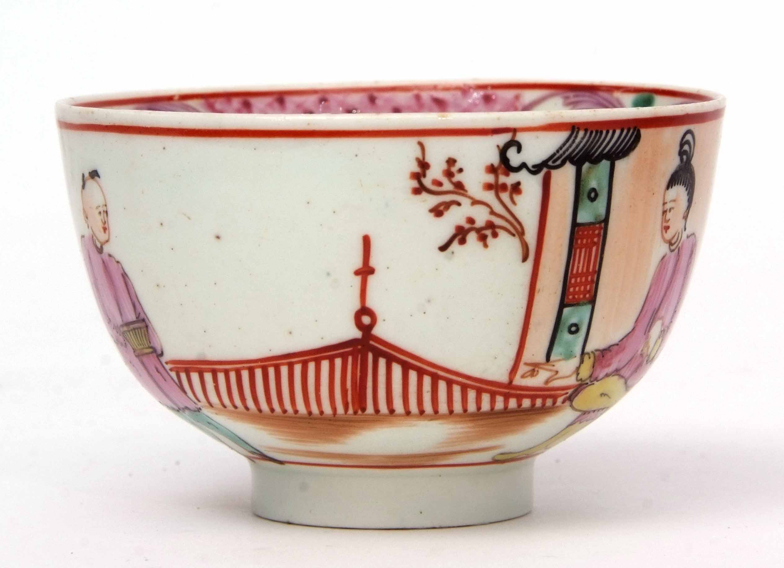 Lowestoft porcelain tea bowl and saucer circa 1775, with a chinoiserie design within pink cellular - Image 2 of 4