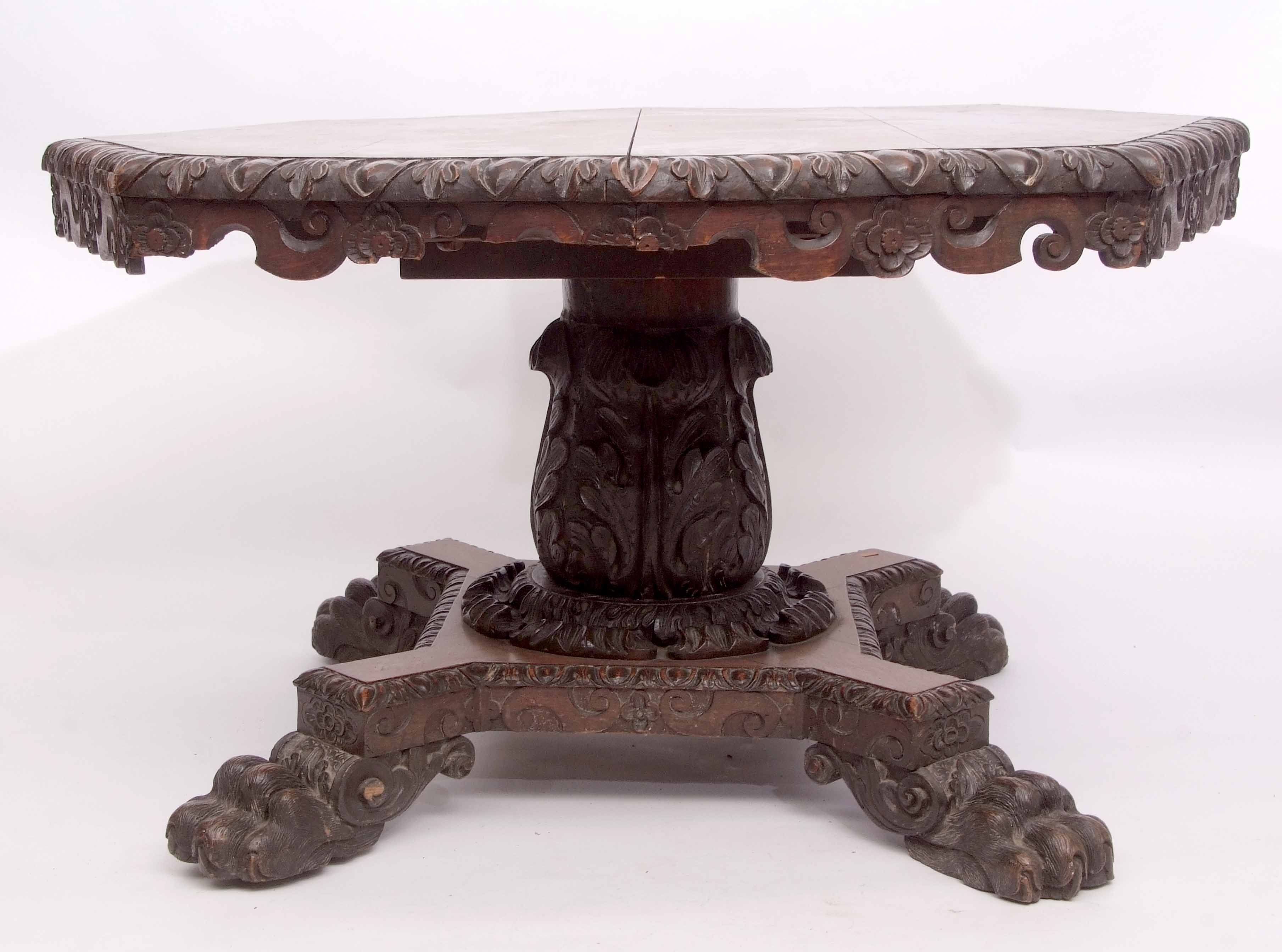 Early Victorian Gothic oak pedestal dining table of octagonal form, the rim carved with egg and dart - Image 2 of 4