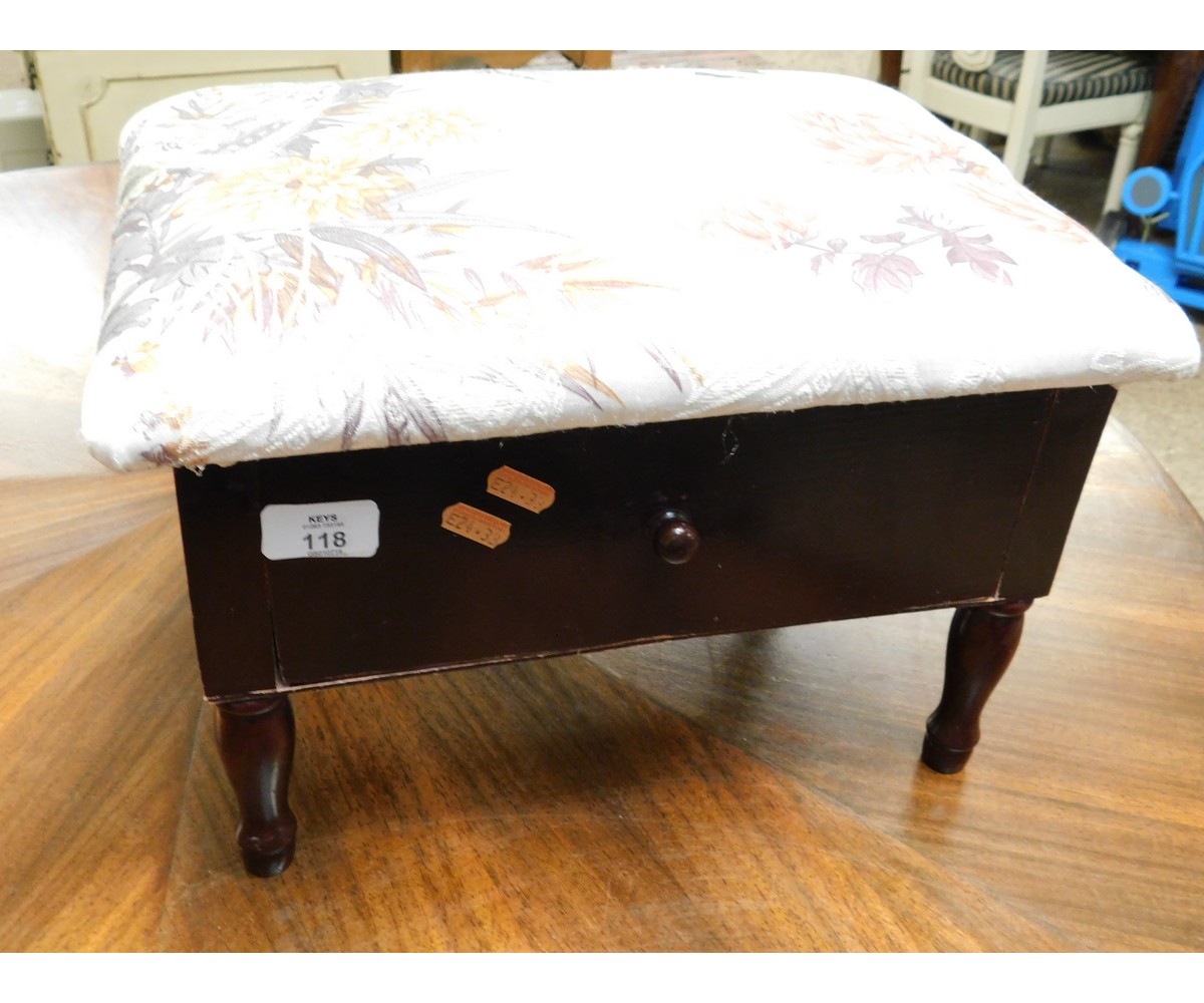 MAHOGANY EFFECT UPHOLSTERED TOP STOOL WITH SINGLE DRAWER WITH TURNED KNOB HANDLE
