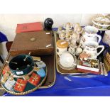 TWO TRAYS CONTAINING METAL CHRISTMAS TREE STAND, PART DRESSING TABLE SET, VICTORIAN DOLL ORNAMENTS