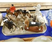 TRAY CONTAINING MIXED BESWICK WARES TO INCLUDE A BASSET HOUND, JERSEY COW, DONKEYS, MOUNTED HUNTSMAN