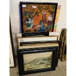 MIXED LOT CONTAINING OIL ON BOARDS, PRINTS, PICTURES, WATERCOLOURS ETC