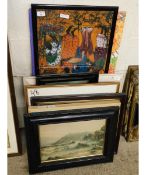 MIXED LOT CONTAINING OIL ON BOARDS, PRINTS, PICTURES, WATERCOLOURS ETC