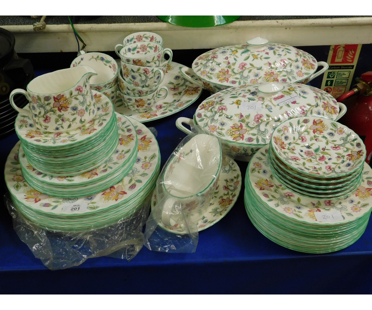 QUANTITY OF MINTON HADDON HALL DINNER WARES TO INCLUDED PLATES, TWO OVAL TUREENS, CUPS, SAUCERS ETC