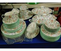 QUANTITY OF MINTON HADDON HALL DINNER WARES TO INCLUDED PLATES, TWO OVAL TUREENS, CUPS, SAUCERS ETC