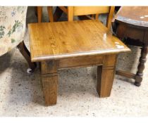 OAK FRAMED SMALL SQUARE FORMED COFFEE TABLE ON HEAVY SQUARE LEGS