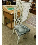 PAIR OF PAINTED HIGH BACK HALL CHAIRS WITH STRIPED UPHOLSTERED SEATS