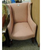 EDWARDIAN MAHOGANY FRAMED WING CHAIR WITH CORAL UPHOLSTERED SEAT, BACK AND ARMS