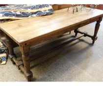 RECTANGULAR PINE FRAMED FARMHOUSE KITCHEN TYPE TABLE ON TURNED SUPPORTS AND AN H STRETCHER