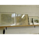 FRAMED MAP OF NORFOLK, A MAP OF WESTMORLAND AND TWO OILS ON BOARDS (4)