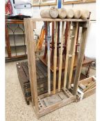 GOOD QUALITY PINE FRAMED PART CROQUET STAND WITH FIVE MALLETS