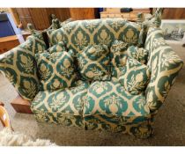 PAIR OF GREEN AND YELLOW THISTLE DECORATED KNOLE END SOFAS AND SCATTER CUSHIONS