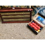 SNOOKER SCOREBOARD WITH A QUANTITY OF SNOOKER BALLS AND CUES ETC
