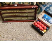 SNOOKER SCOREBOARD WITH A QUANTITY OF SNOOKER BALLS AND CUES ETC