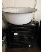 VINTAGE TIN FRAMED STOVE AND ENAMEL BOWL AND A FURTHER FLASK (3)