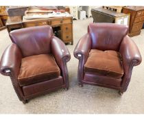 PAIR OF CHOCOLATE LEATHER CLUB ARMCHAIRS WITH BROWN VELOUR CUSHIONS