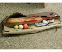 VINTAGE BAG CONTAINING MIXED CRICKET BATS, GLOVES, STUMPS AND BALES