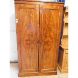 VICTORIAN MAHOGANY DOUBLE DOOR WARDROBE WITH FITTED INTERIOR WITH TURNED KNOB HANDLES