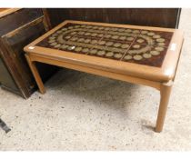 GOOD QUALITY RETRO TEAK FRAMED RECTANGULAR COFFEE TABLE WITH EIGHT TILED TOP ON SQUARE LEGS