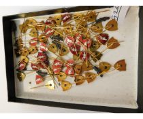 TRAY CONTAINING A QUANTITY OF STICK PINS WITH RED ENAMEL SHIELD TOPS