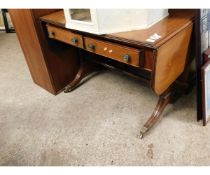 GOOD QUALITY MAHOGANY FORMED SOFA TABLE WITH TWO DROP FLAPS WITH TWO DRAWERS WITH BRASS BUTTON