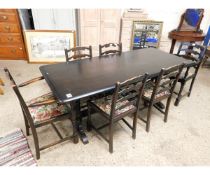 OAK FRAMED RECTANGULAR DINING TABLE WITH A SET OF SIX LADDER BACK DINING CHAIRS COMPRISING FOUR