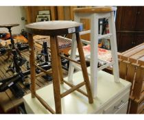 BEECHWOOD TOP WHITE PAINTED BASE STOOL TOGETHER WITH A FURTHER ELM TOPPED BEECHWOOD BASED STOOL (2)