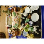 TWO TRAYS CONTAINING MIXED ORNAMENTS, MODERN JAZZ DECORATED FIGURES, A PIGGY MONEY BOX ETC