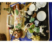 TWO TRAYS CONTAINING MIXED ORNAMENTS, MODERN JAZZ DECORATED FIGURES, A PIGGY MONEY BOX ETC