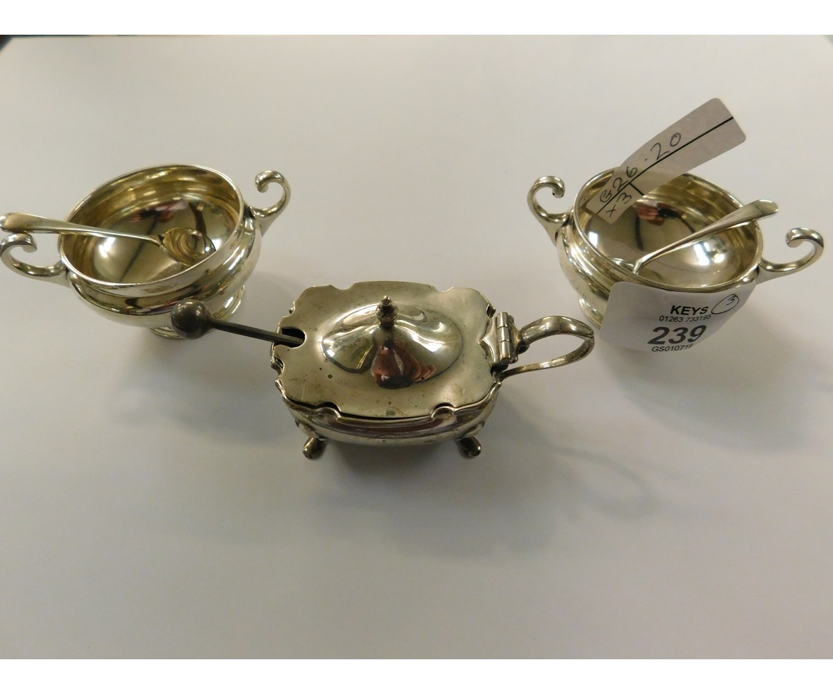 PAIR OF SILVER TWO-HANDLED SALT CELLARS AND A FURTHER MUSTARD (3)