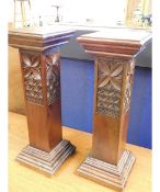 PAIR OF EASTERN HARDWOOD TABLE TOP SQUARE FORMED PLANT STANDS WITH CARVED DECORATION AND STEPPED