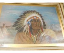 GOOD QUALITY PASTEL OF AN INDIAN CHIEF IN A GILT FRAME