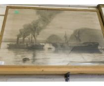 INDISTINCTLY SIGNED CHARCOAL AND WASH DRAWING, TUG BOATS PULLING A WRECK, 50 X 75CM