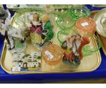 TRAY CONTAINING CONTINENTAL FIGURES, PART GLASS DESSERT SET ETC