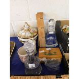 TWO GLASS DECANTERS, FLOWER ENCRUSTED TUREEN ETC