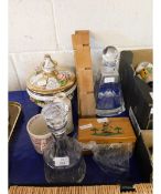 TWO GLASS DECANTERS, FLOWER ENCRUSTED TUREEN ETC