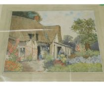 UNFRAMED SIGNED PRINT OF A COLOURED COTTAGE SCENE