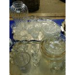 TWO TRAYS CONTAINING MIXED GLASS WARES, GLASS BOWL BABYCHAM GLASSES, STUART CRYSTAL DESSERT