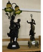 SPELTER LAMP FORMED AS A CLASSICAL LADY ON AN ONYX BASE, TOGETHER WITH A MODERN LAMP OF TWO