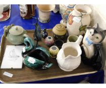 TRAY CONTAINING A PAIR OF BRONZE CRANES, NOVELTY CAT FORMED TEA POT ETC