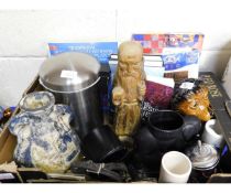 BOX CONTAINING MIXED CHINA WARES, VASES, SMALL STAINLESS STEEL BIN ETC