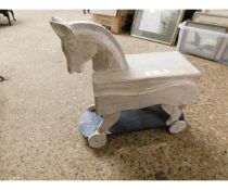 WHITE WASHED PINE FRAMED PULL ALONG HORSE