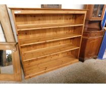 STAINED PINE FRAMED OPEN FRONTED THREE FIXED SHELF BOOKCASE WITH PANEL BACK