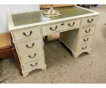 CREAM PAINTED TWIN PEDESTAL DESK WITH GREEN LEATHER INSERT