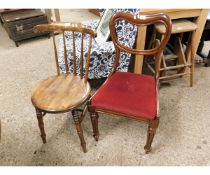 VICTORIAN BALLOON BACK DINING CHAIR WITH RED UPHOLSTERED SEAT, TOGETHER WITH A BEECHWOOD HARD SEATED