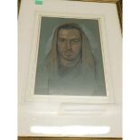 TIMOTHY EASTEN, SIGNED AND DATED 1969, CHALK DRAWING, HEAD AND SHOULDERS PORTRAIT OF A HOODED MAN