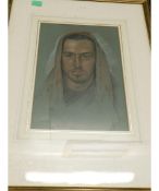 TIMOTHY EASTEN, SIGNED AND DATED 1969, CHALK DRAWING, HEAD AND SHOULDERS PORTRAIT OF A HOODED MAN